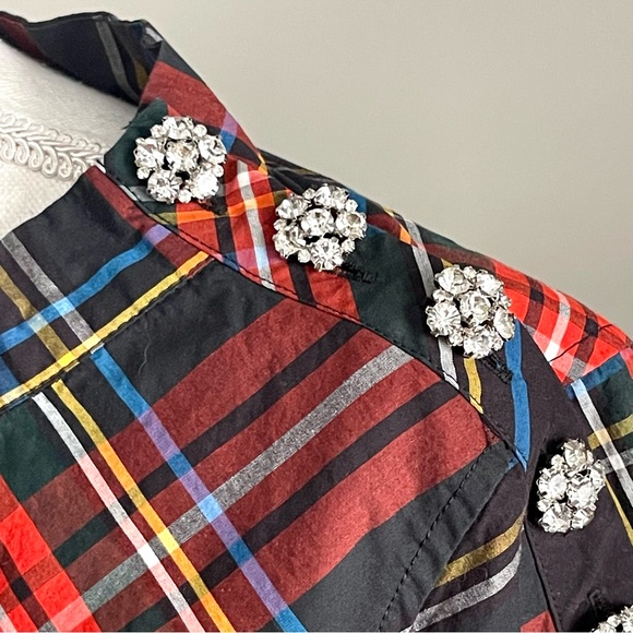 J. CREW | Plaid Rhinestone Button Shoulder Long Sleeve High-Low Top z 8 - Picture 7 of 12